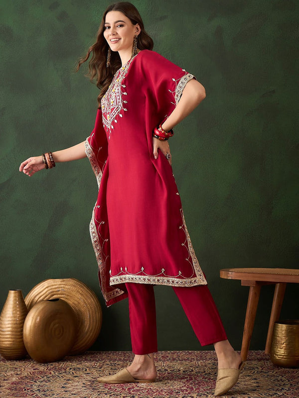 Floral Embroidered & Mirror Work Kaftan Kurta With Trousers