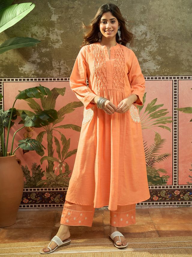 Floral Embroidered Thread Work A-Line Kurta With Trousers