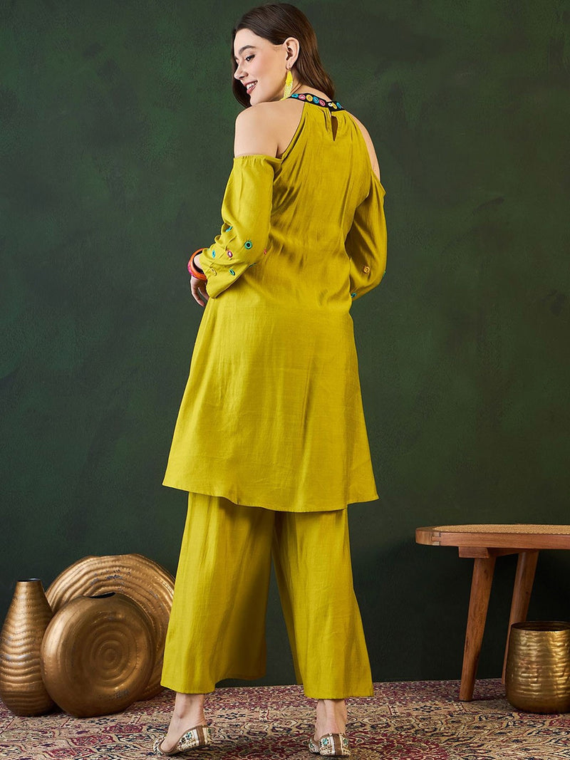 Embroidered Kurta & Palazzo With Bag Kurta Set