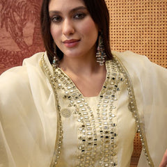 Off White Floral Embroidered & Sequin Work  Kurta With Trouser & Dupatta Kurta Set