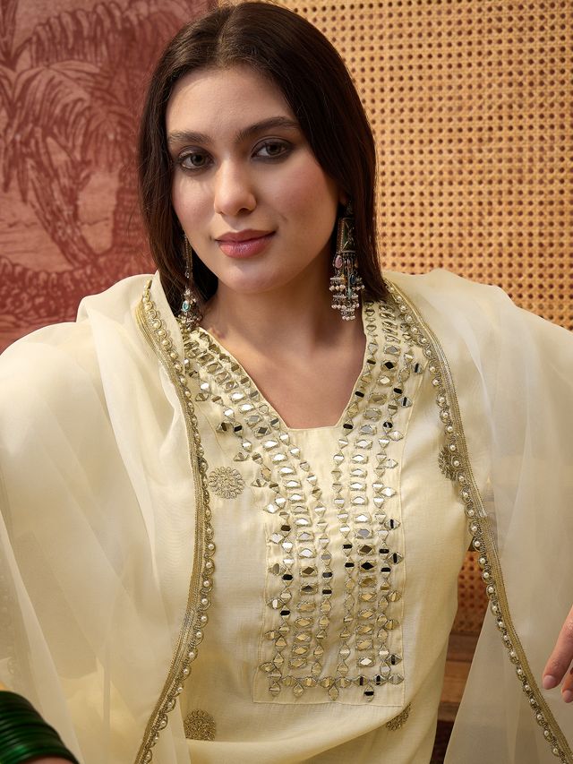 Off White Floral Embroidered & Sequin Work  Kurta With Trouser & Dupatta Kurta Set