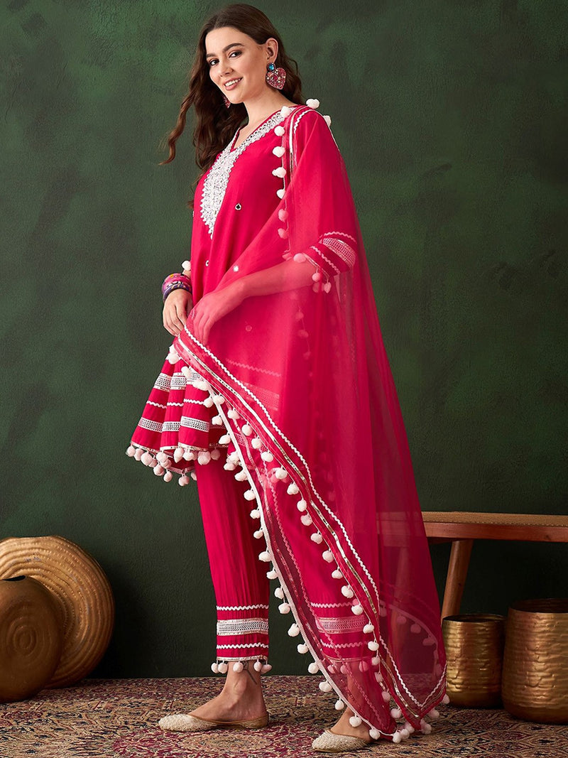Pink Floral Embroidered Mirror Work A-Line Kurta With Trousers & Dupatta