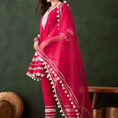 Pink Floral Embroidered Mirror Work A-Line Kurta With Trousers & Dupatta