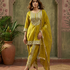 Parrot Green Floral Embroidered & Sequinned A-Line Kurta With Dhoti Pant & Dupatta Kurta Set