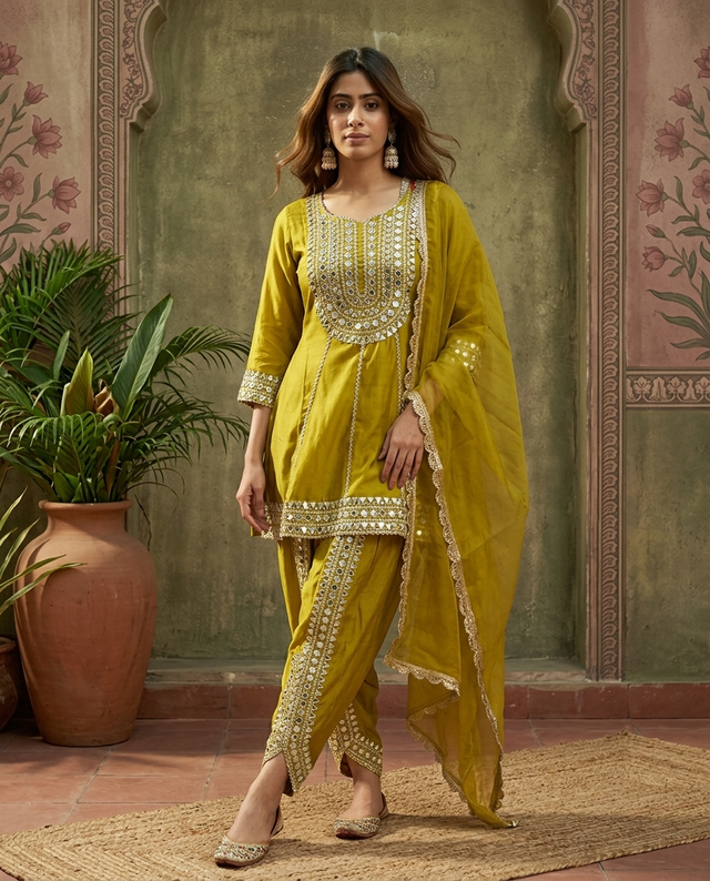 Parrot Green Floral Embroidered & Sequinned A-Line Kurta With Dhoti Pant & Dupatta Kurta Set