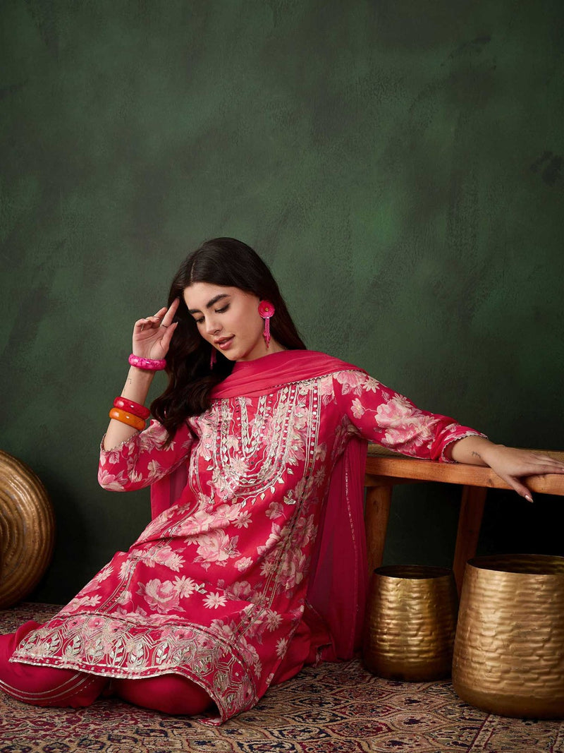 Floral Embroidered Round Neck Kurta With Dhoti Pants And Dupatta