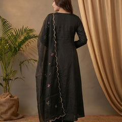 Black Floral Embroidered Mirror Work A-Line Kurta With Trousers & Dupatta
