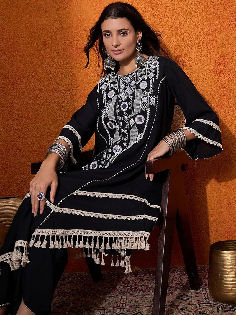 Floral Embroidered Regular Mirror Work A-Line Kurta with Palazzo