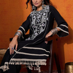 Floral Embroidered Regular Mirror Work A-Line Kurta with Palazzo