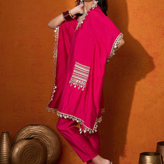 Embroidered  V-Neck Mirror work Kaftan With Trousers