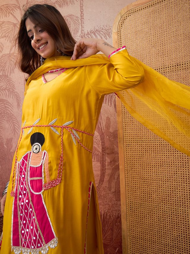 Mustard Ethnic Motif Embroidered Straight Kurta With Trouser & Dupatta Kurta Set