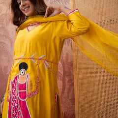 Mustard Ethnic Motif Embroidered Straight Kurta With Trouser & Dupatta Kurta Set