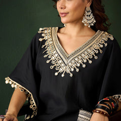 Embroidered  V-Neck Mirror work Kaftan With Trousers