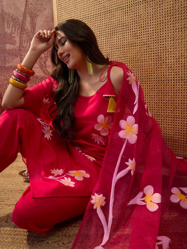 Red Hand Block Print  Shoulder Straps Straight Kurta With Trouser Dupatta Kurta Set