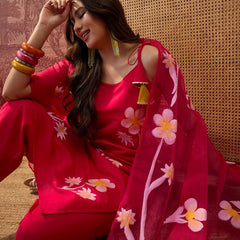 Red Hand Block Print  Shoulder Straps Straight Kurta With Trouser Dupatta Kurta Set