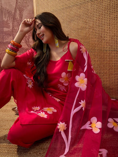 Red Hand Block Print  Shoulder Straps Straight Kurta With Trouser Dupatta Kurta Set