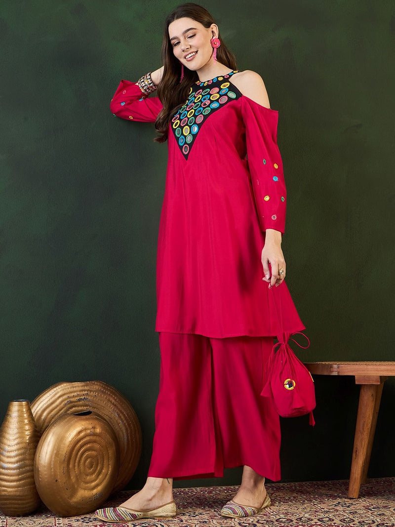 Embroidered Kurta, Palazzo With Bag Kurta Set