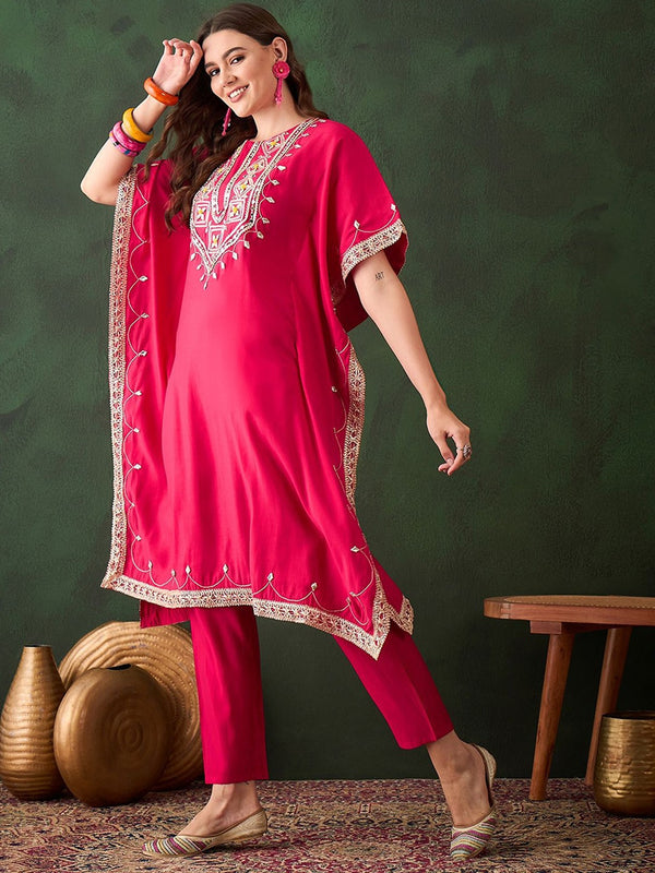 Floral Embroidered & Mirror Work Kaftan Kurta With Trousers