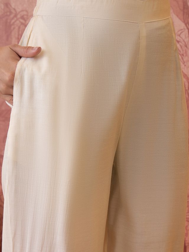White Hand Block Print & Embroidered Top With Jacket & Trouser Co-Ords