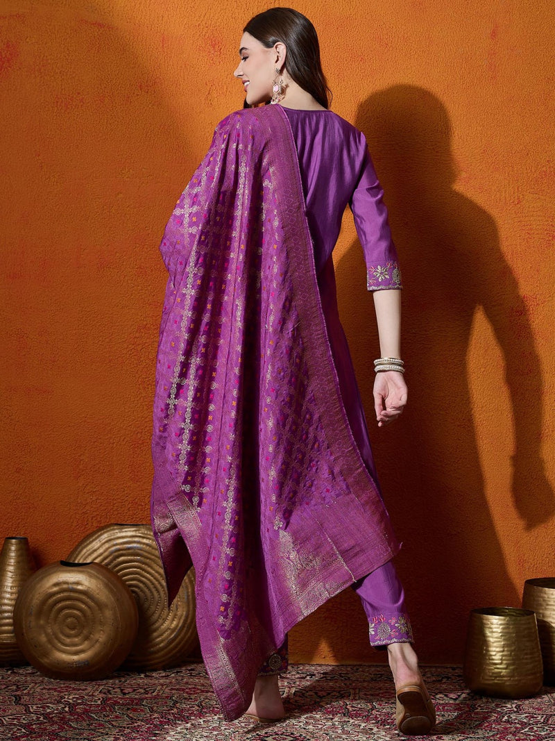 Purple Floral Embroidered V-Neck Straight Kurta With Trouser And Dupatta