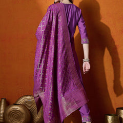 Purple Floral Embroidered V-Neck Straight Kurta With Trouser And Dupatta