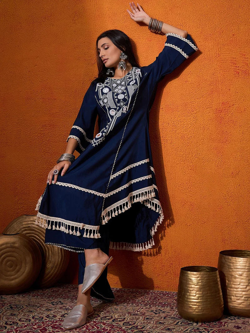 Floral Embroidered Regular Mirror Work A-Line Kurta with Palazzo