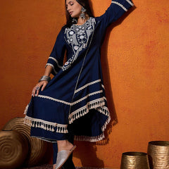 Floral Embroidered Regular Mirror Work A-Line Kurta with Palazzo