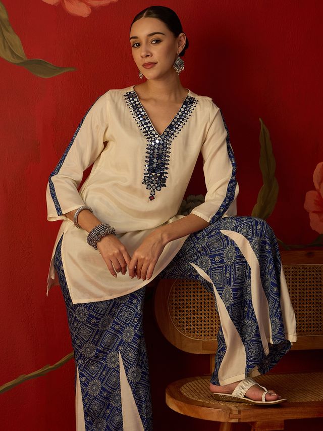 Floral Embroidered Tunic With Printed Palazzo Co-Ords Set