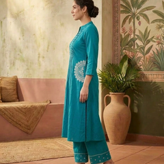Floral Embroidered Thread Work A-Line Kurta With Trousers