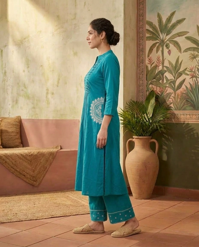 Floral Embroidered Thread Work A-Line Kurta With Trousers