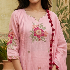 Floral Embroidered  Straight Kurta With & Trousers & Dupatta