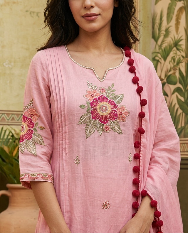 Floral Embroidered  Straight Kurta With & Trousers & Dupatta