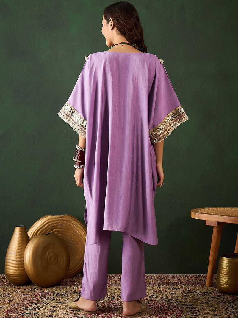 Purple V-Neck Short Sleeves Regular Mirror Work Kaftan Kurta With Trouser