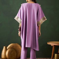 Purple V-Neck Short Sleeves Regular Mirror Work Kaftan Kurta With Trouser