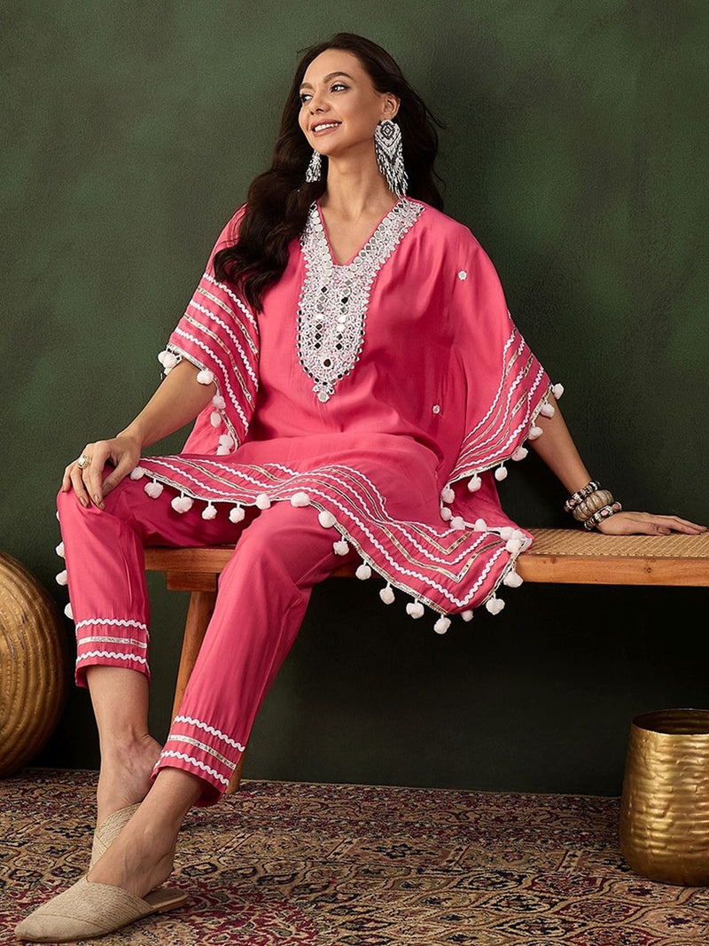 Geometric Embroidered & Mirror Work Kaftan Kurta With Trouser
