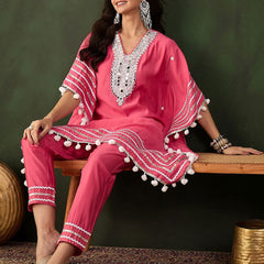 Geometric Embroidered & Mirror Work Kaftan Kurta With Trouser