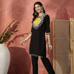 Black And White Mirror Work Round Neck Tunic With Trousers