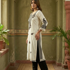 Off White Floral Printed Straight Kurtas