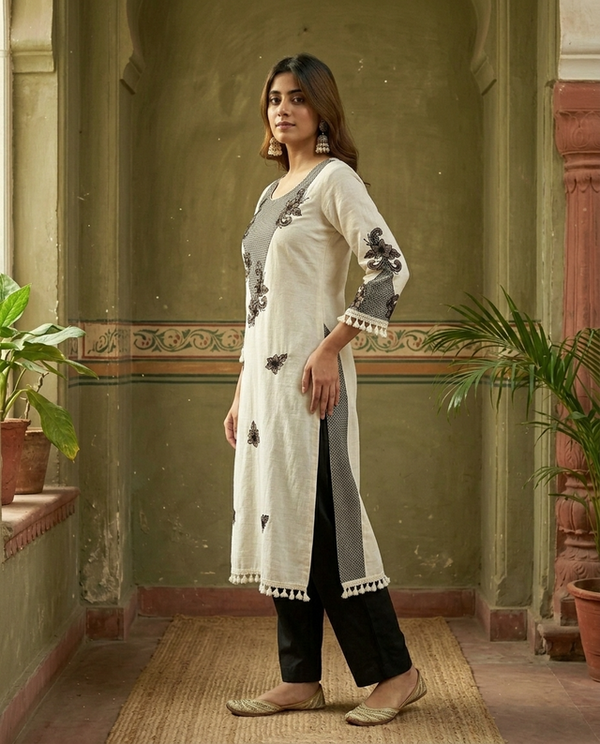 Off White Floral Printed Straight Kurtas