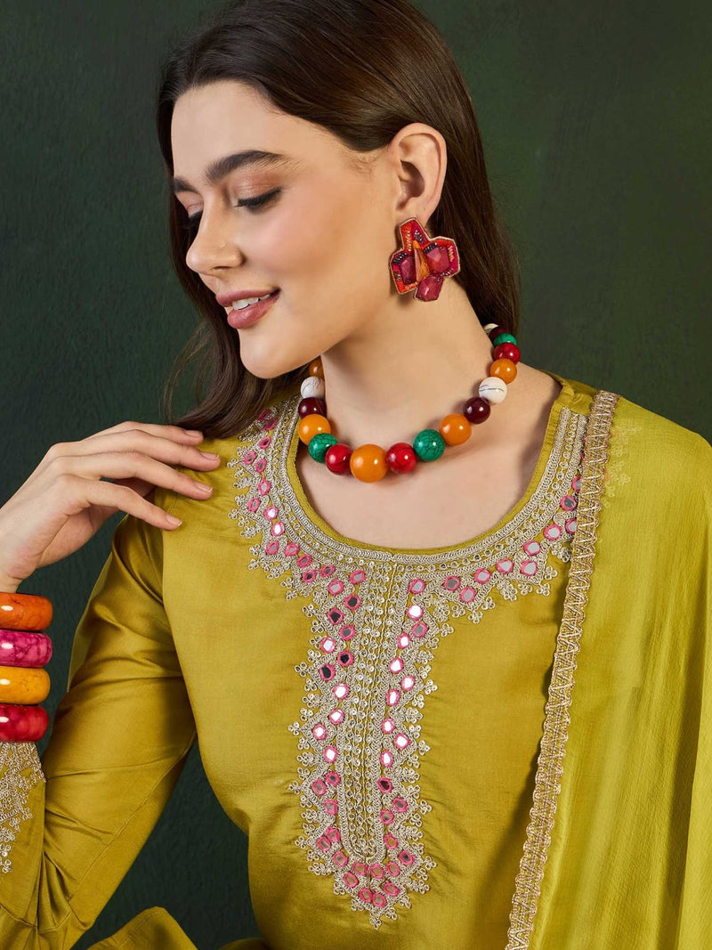 Green Embroidered Mirror Work Round Neck Straight Kurta With Dhoti Pants & Dupatta