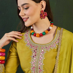 Green Embroidered Mirror Work Round Neck Straight Kurta With Dhoti Pants & Dupatta