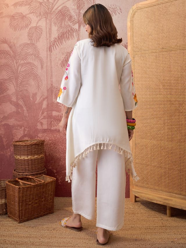 White Floral Embroidered Tunic With Trouser Co-Ords Set
