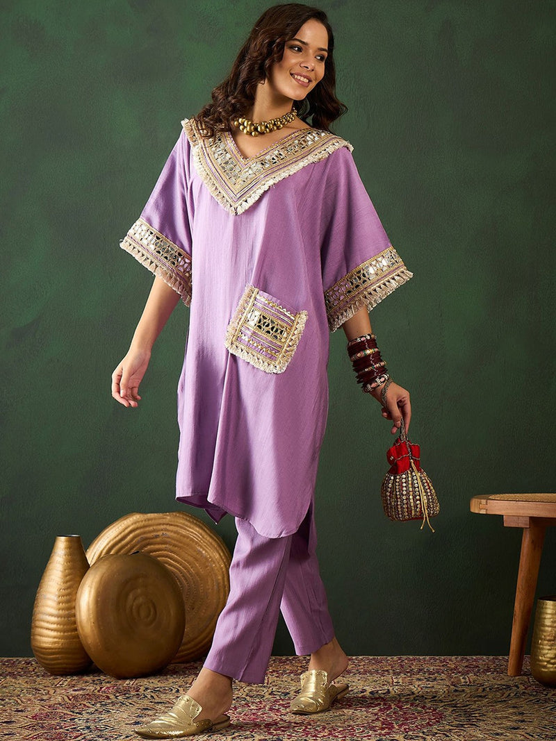 Purple V-Neck Short Sleeves Regular Mirror Work Kaftan Kurta With Trouser