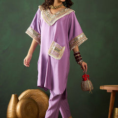 Purple V-Neck Short Sleeves Regular Mirror Work Kaftan Kurta With Trouser