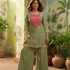 Floral Embroidered & Mirror Work Tunic With & Trouser