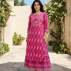 Ethnic Motifs Printed Pure Cotton Straight Kurta With Skirt