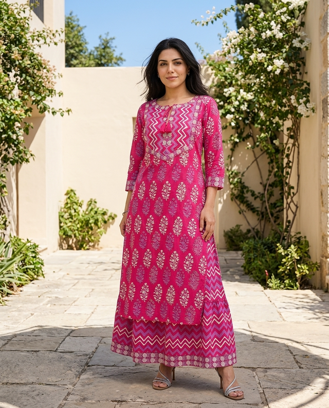 Ethnic Motifs Printed Pure Cotton Straight Kurta With Skirt