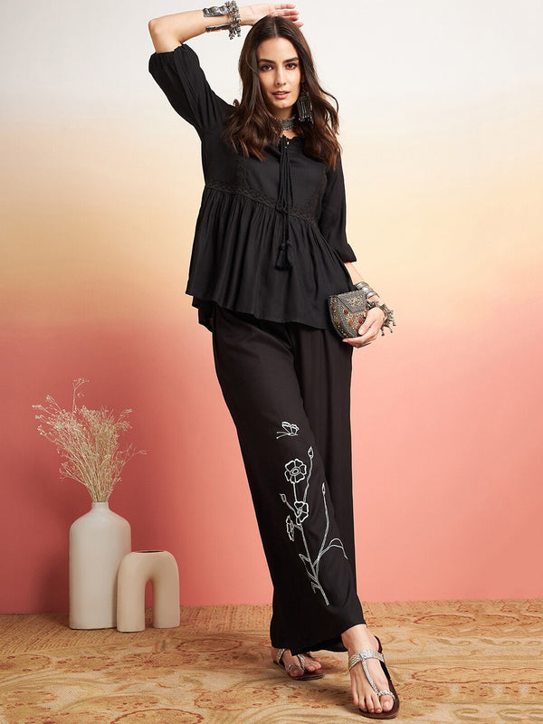 Embellished Lace Up Detail Top & Palazzo Co-Ords Set