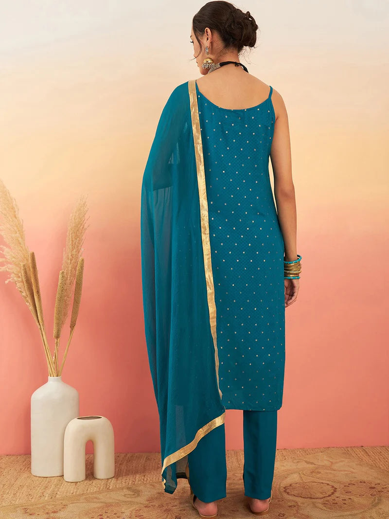 Embroidered Shoulder Straps Straight Kurta With Trousers & Dupatta