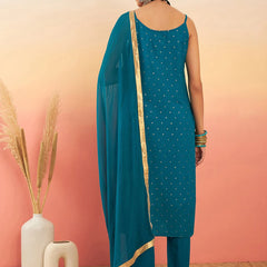 Embroidered Shoulder Straps Straight Kurta With Trousers & Dupatta